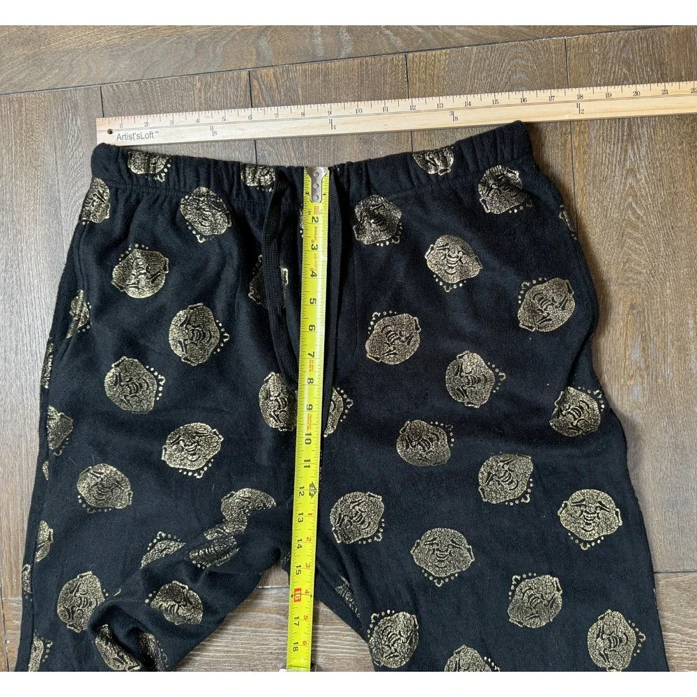True Religion Mens Lounge Pants Large Black Gold Buddha Print Drawstring Pajama